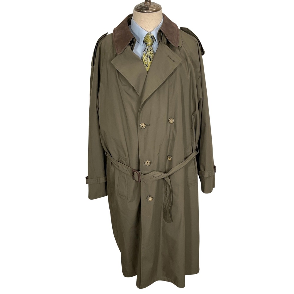 Stafford Trench Coat Men 44L Olive Green Brown Leather Double Breasted Liner